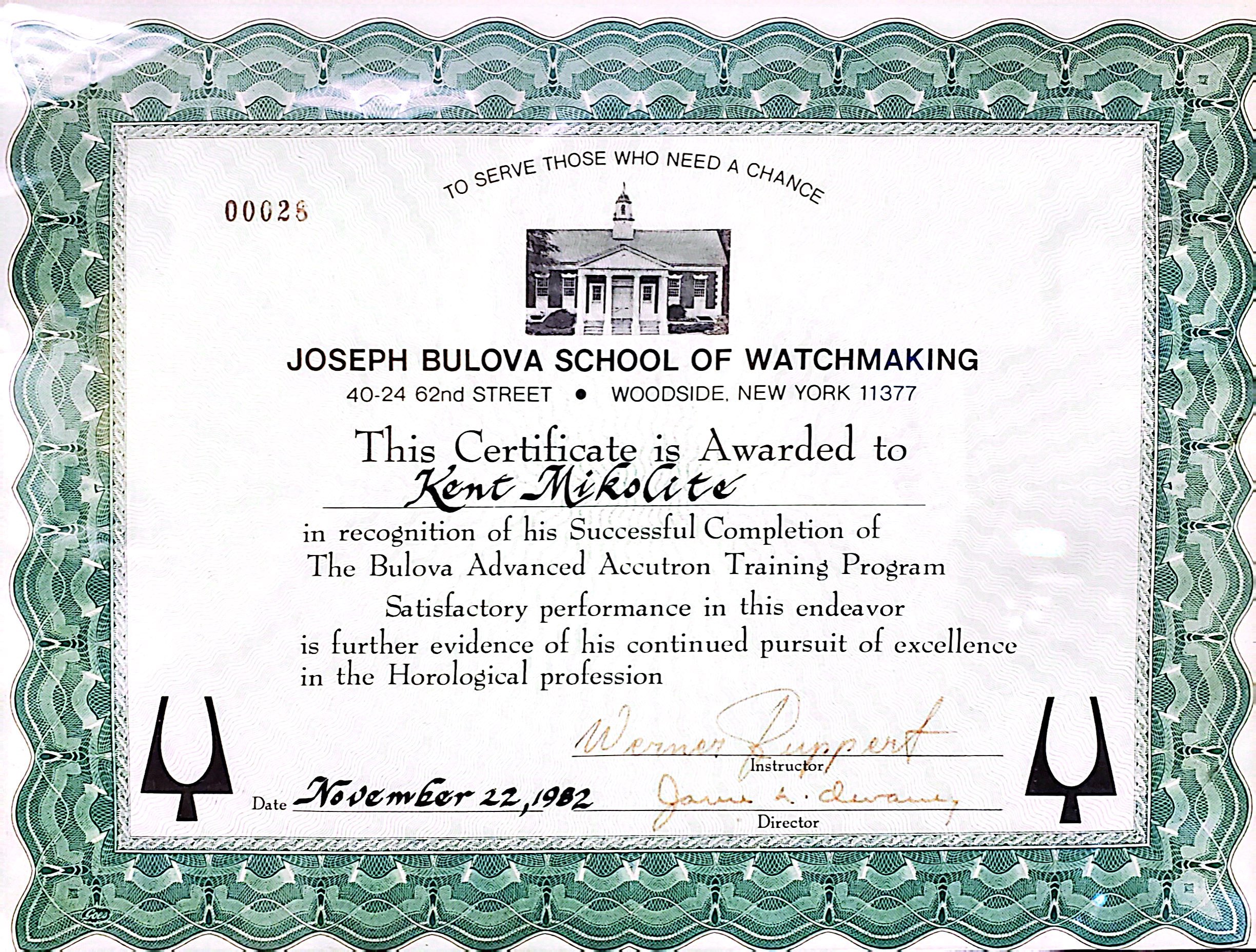 Joseph Bulova School of Watchmaking Certificate